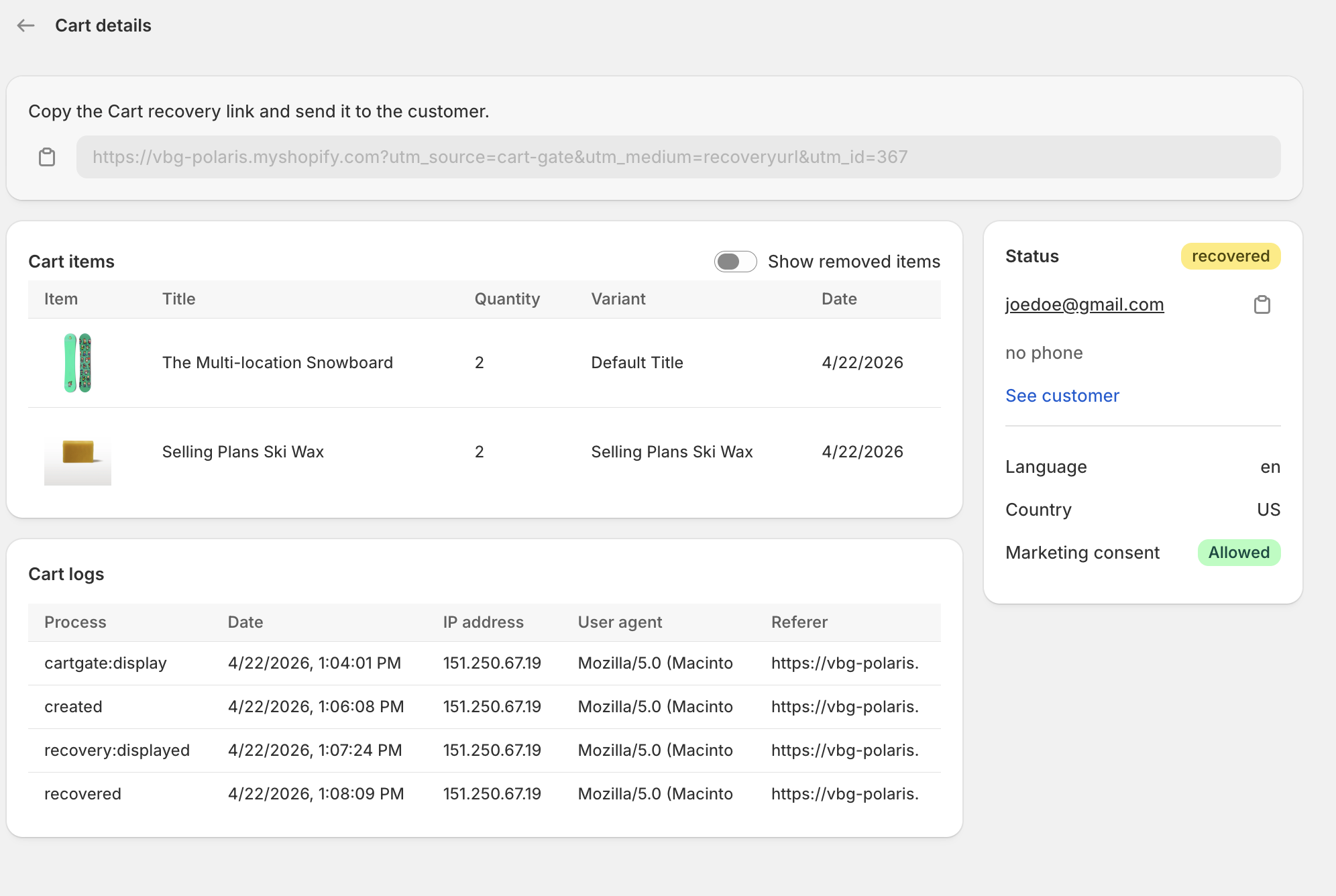 Cart details dashboard showing recovery status, cart items, and activity logs