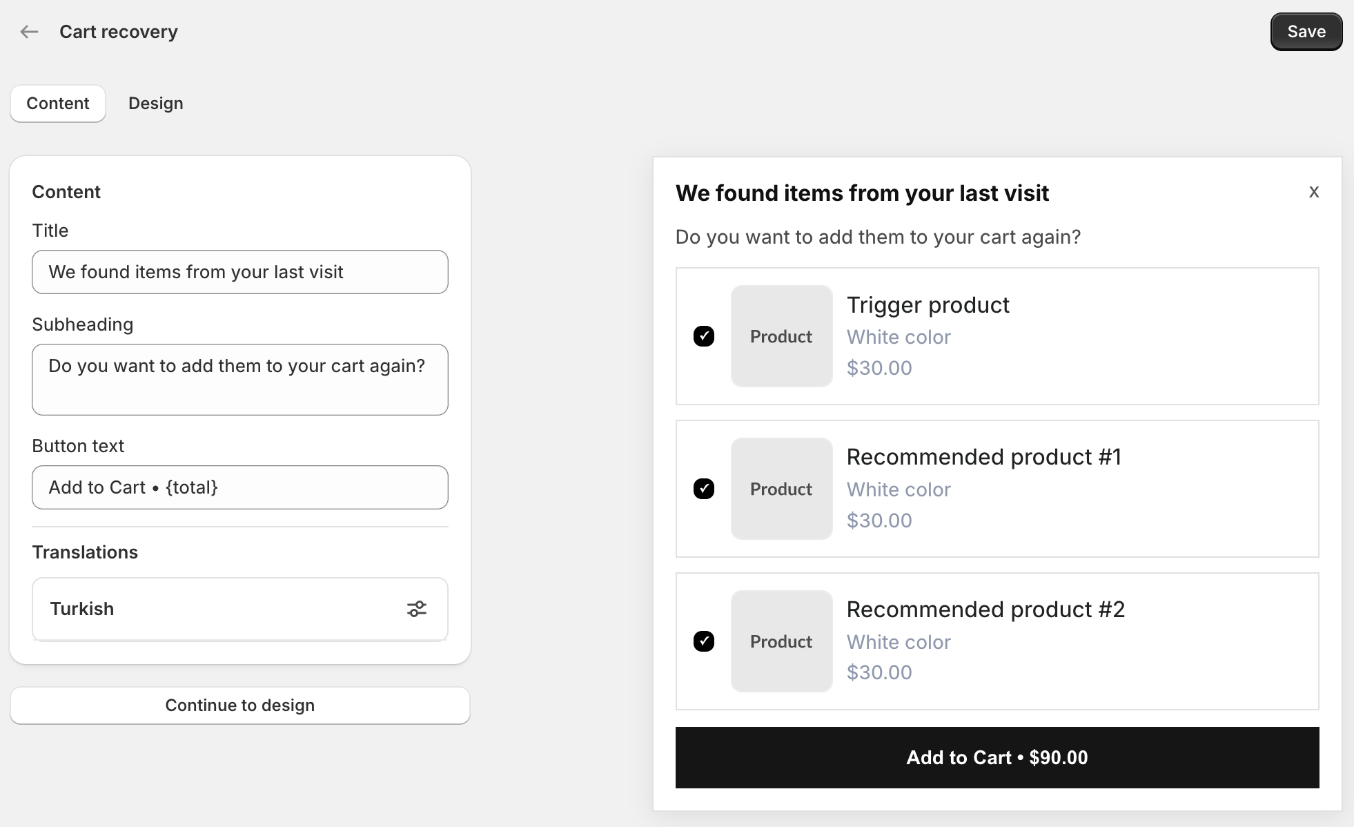 Cart recovery content editor with returning visitor modal preview