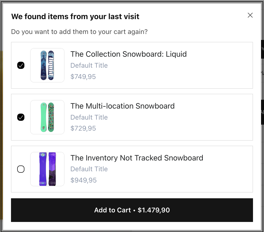 Cart recovery modal on storefront showing previously viewed products with add to cart total