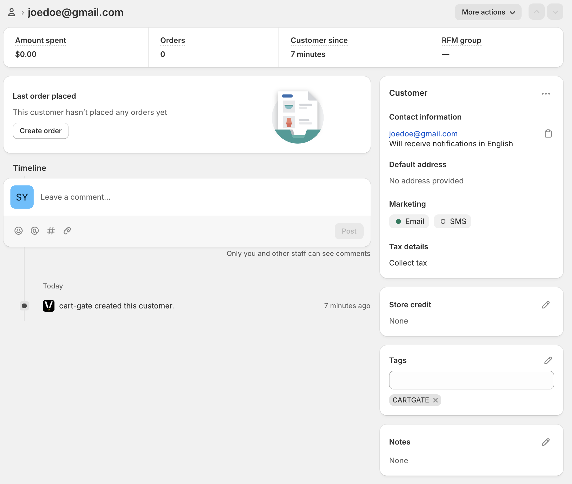 Shopify customer profile synced from Cart Recovery with CARTGATE tag for segmentation