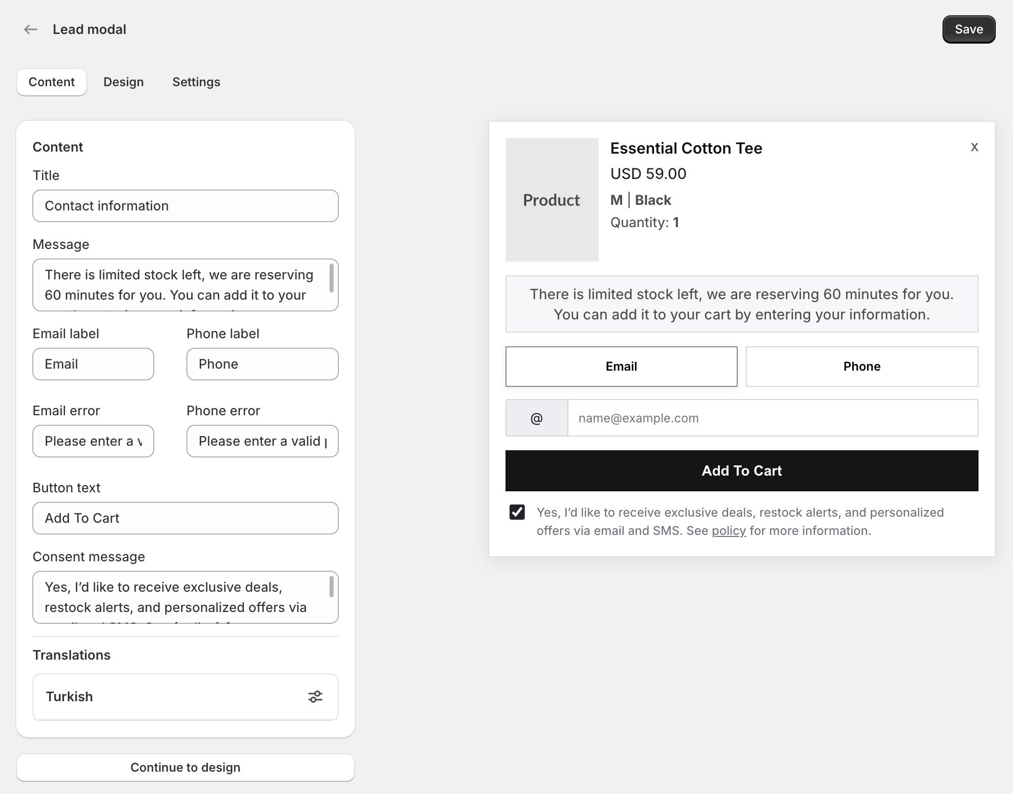 Lead modal content editor with live storefront preview