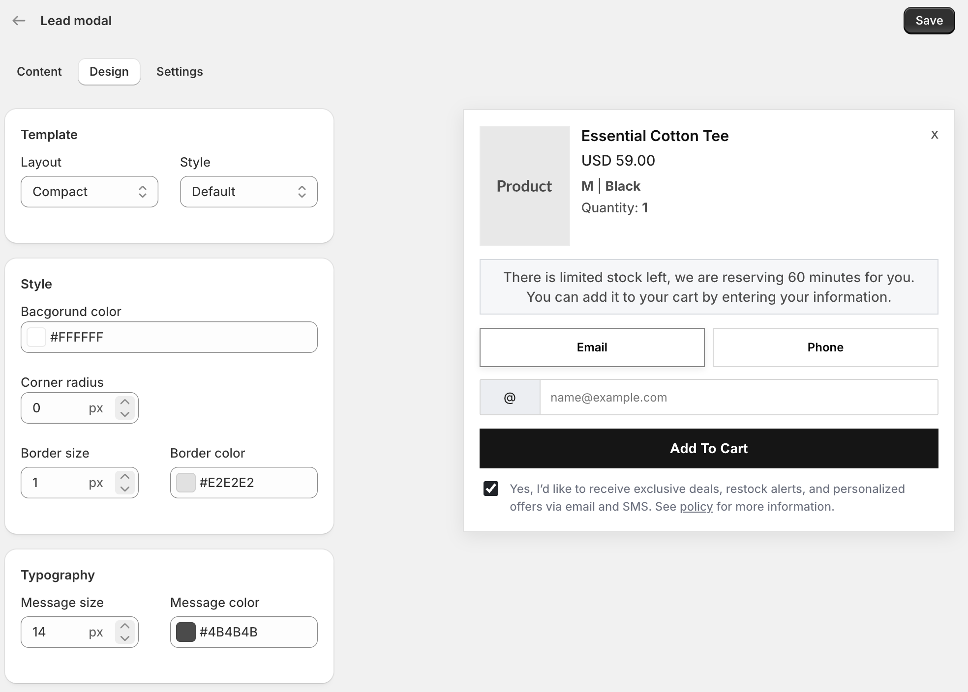 Lead modal design settings with template and style options