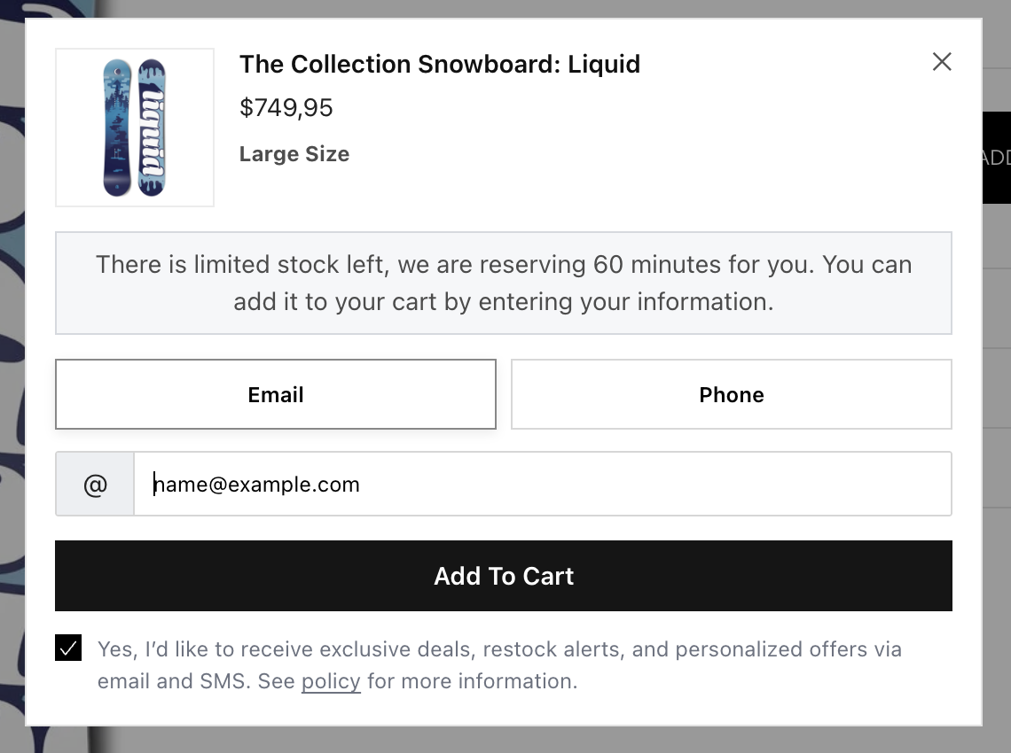 Lead capture modal on a Shopify product page asking for email or phone before add to cart