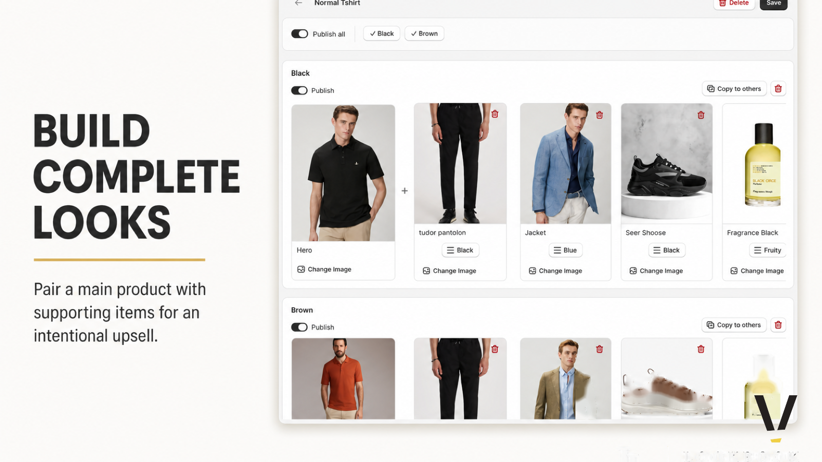 Lookbook editor pairing hero products with supporting items per variant