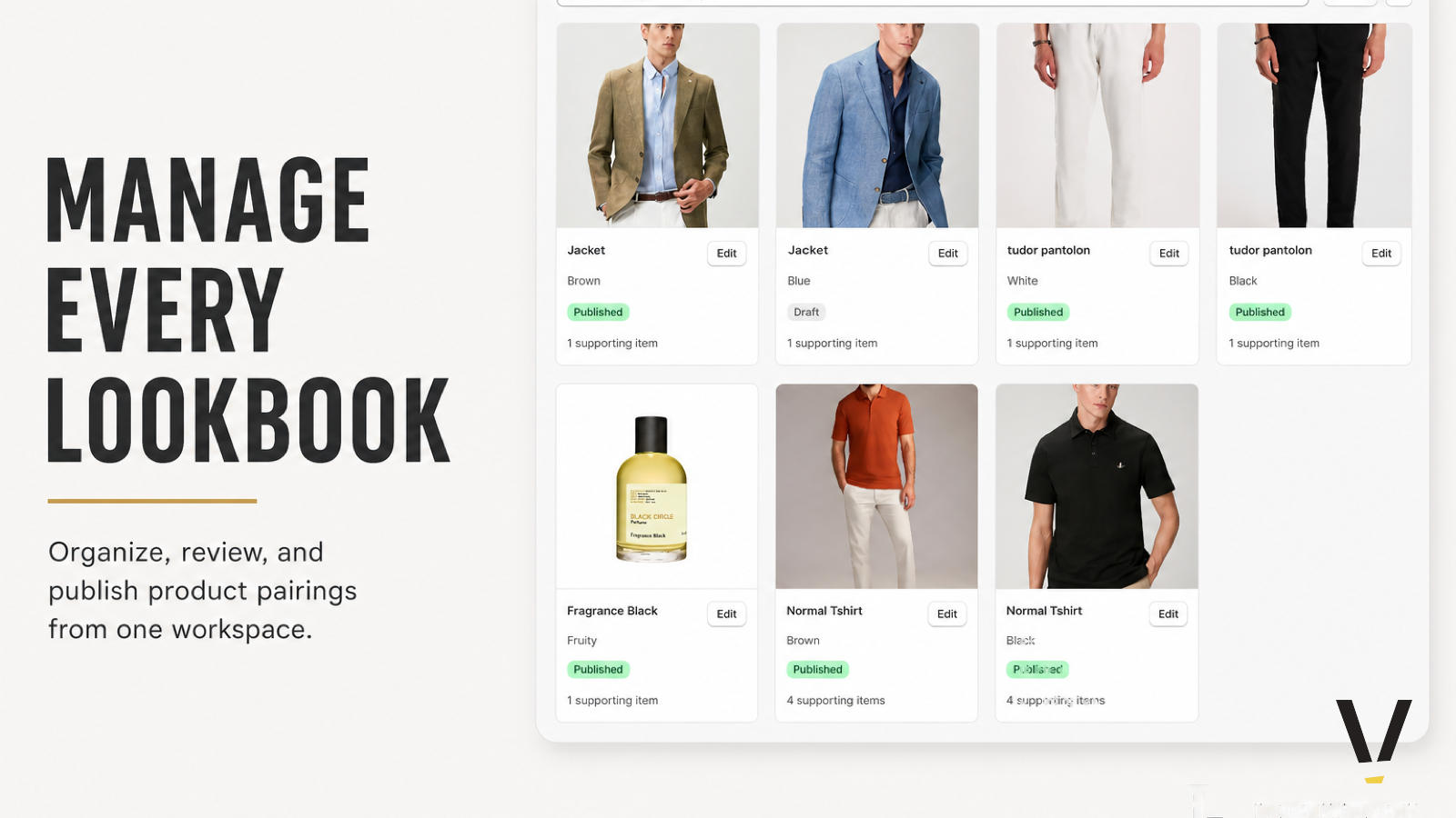 Lookbook dashboard with searchable products, publish status, and supporting item counts
