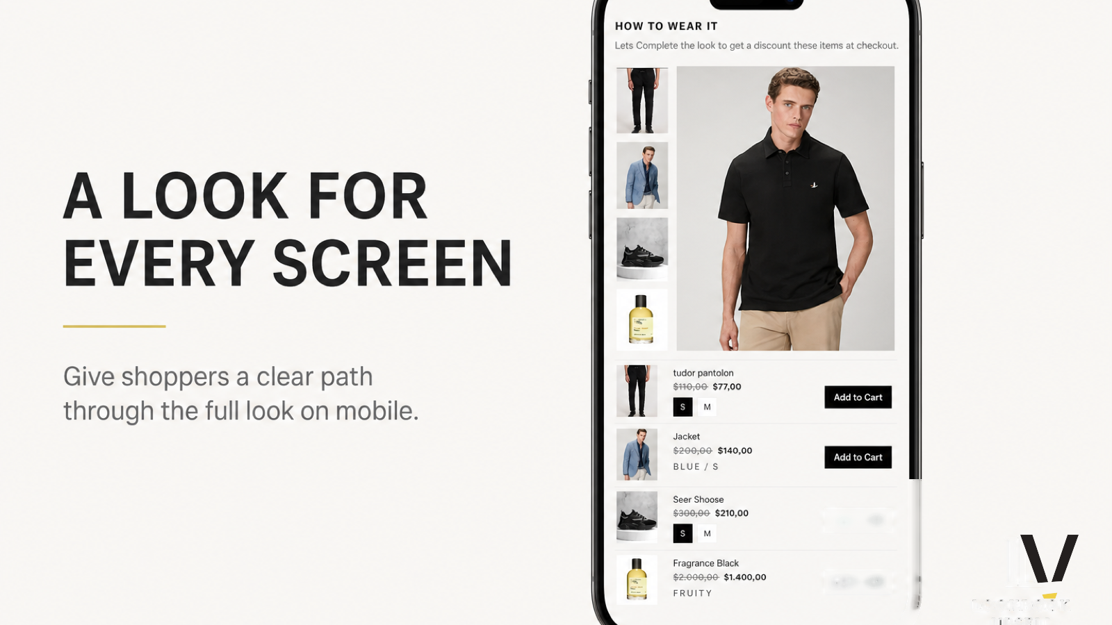 Mobile storefront lookbook with hero image, supporting products, and add to cart actions