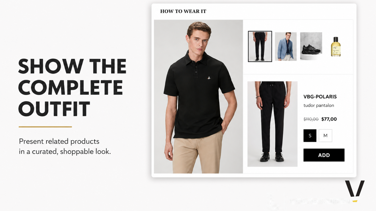 Storefront lookbook showing hero product with shoppable supporting items and add to cart