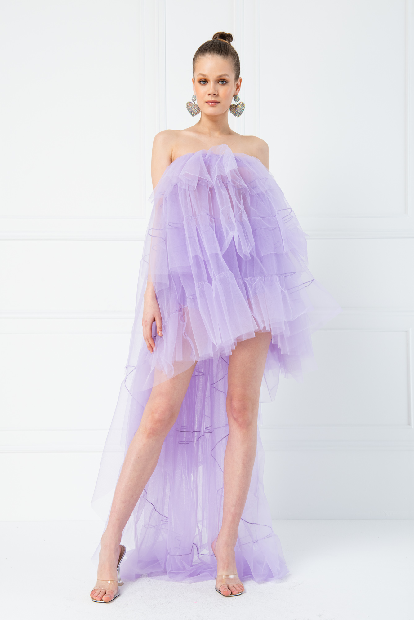 Tulle Detail Strapless Lilac Sheer Mini Dress