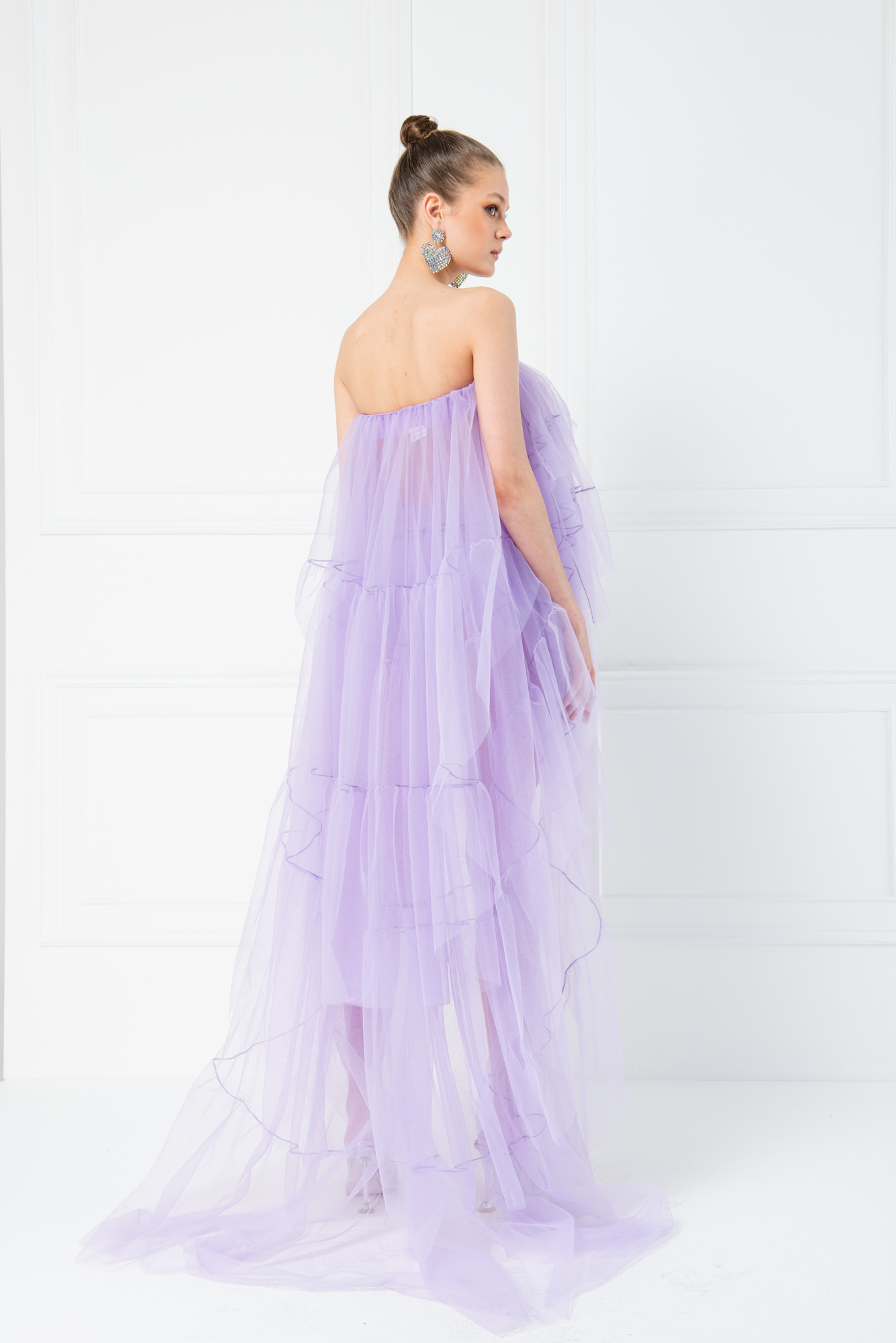 Tulle Detail Strapless Lilac Sheer Mini Dress