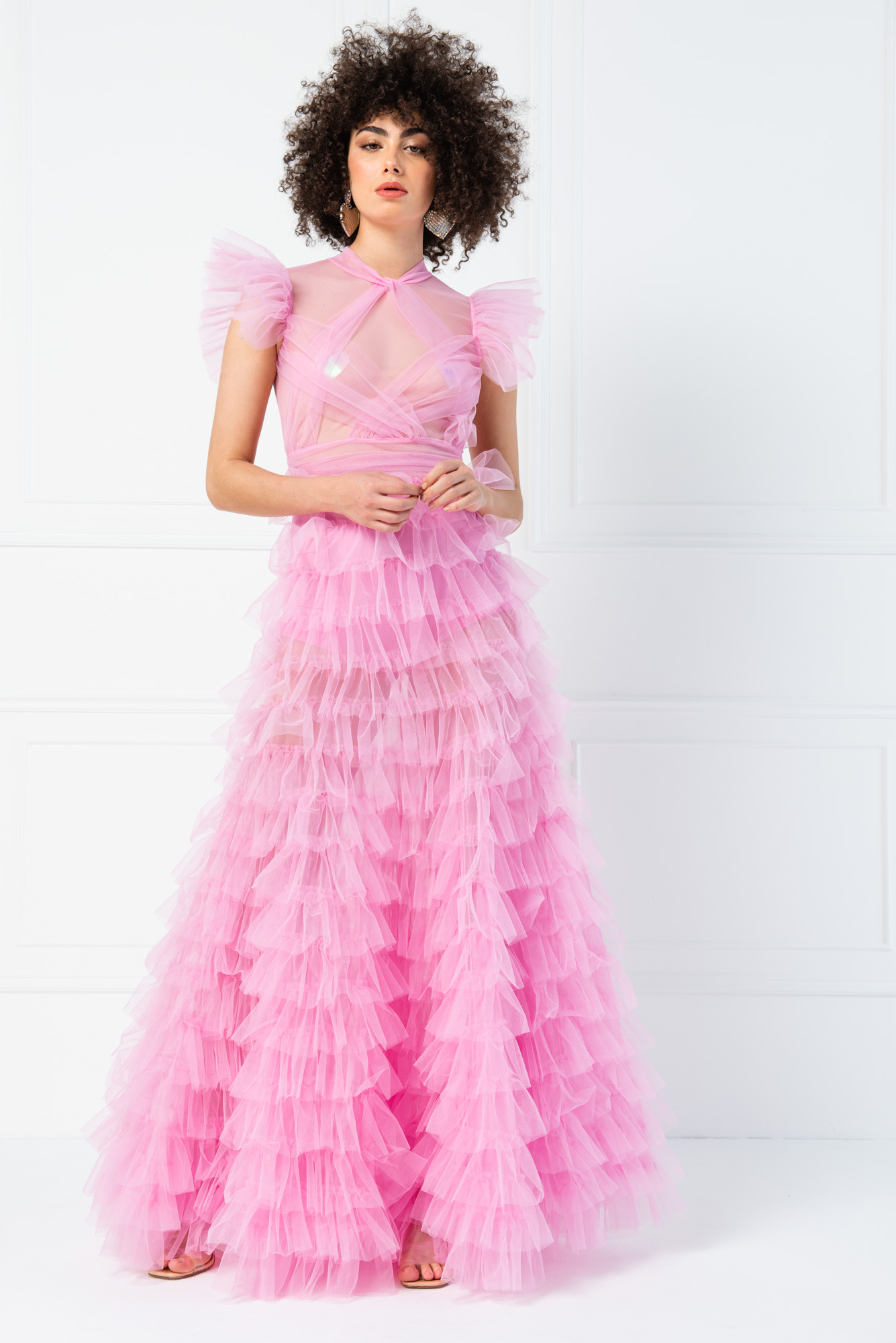 Wholesale Tulle Detail Transparan Pink Long Dress