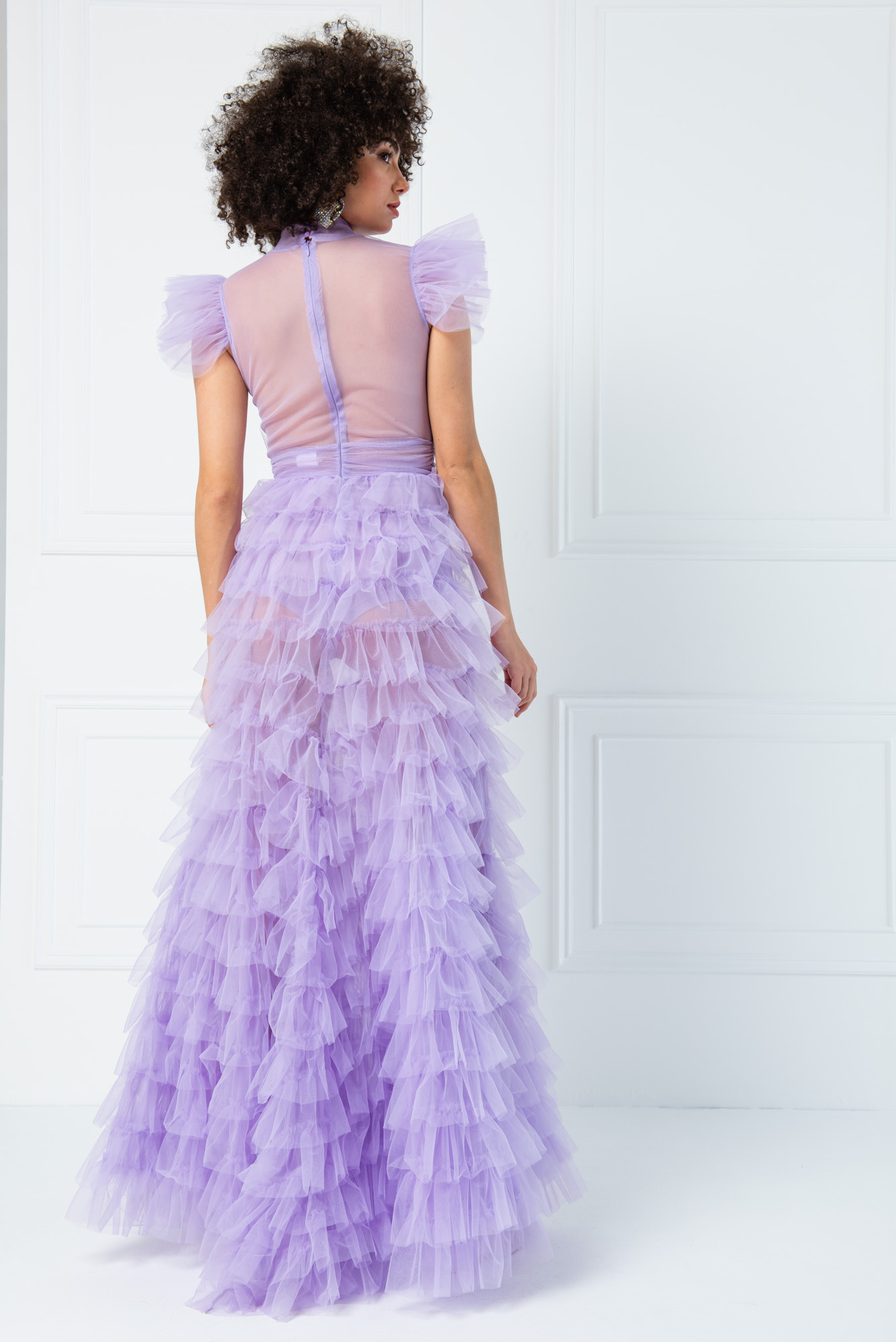 Wholesale Tulle Detail Transparan Lilac Long Dress