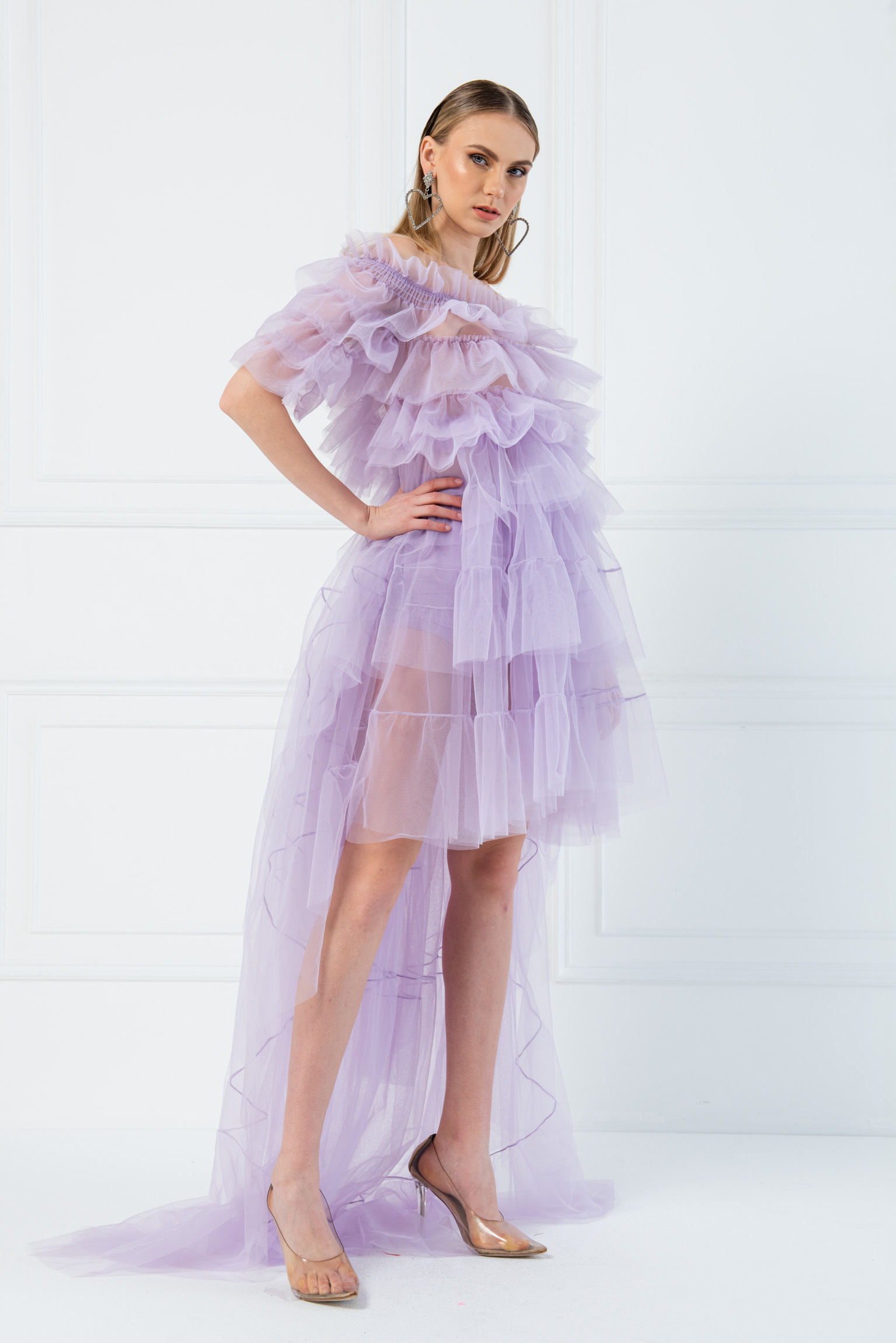 Из Тюля с открытыми плечами Lilac Мини-Платье с Рюшами