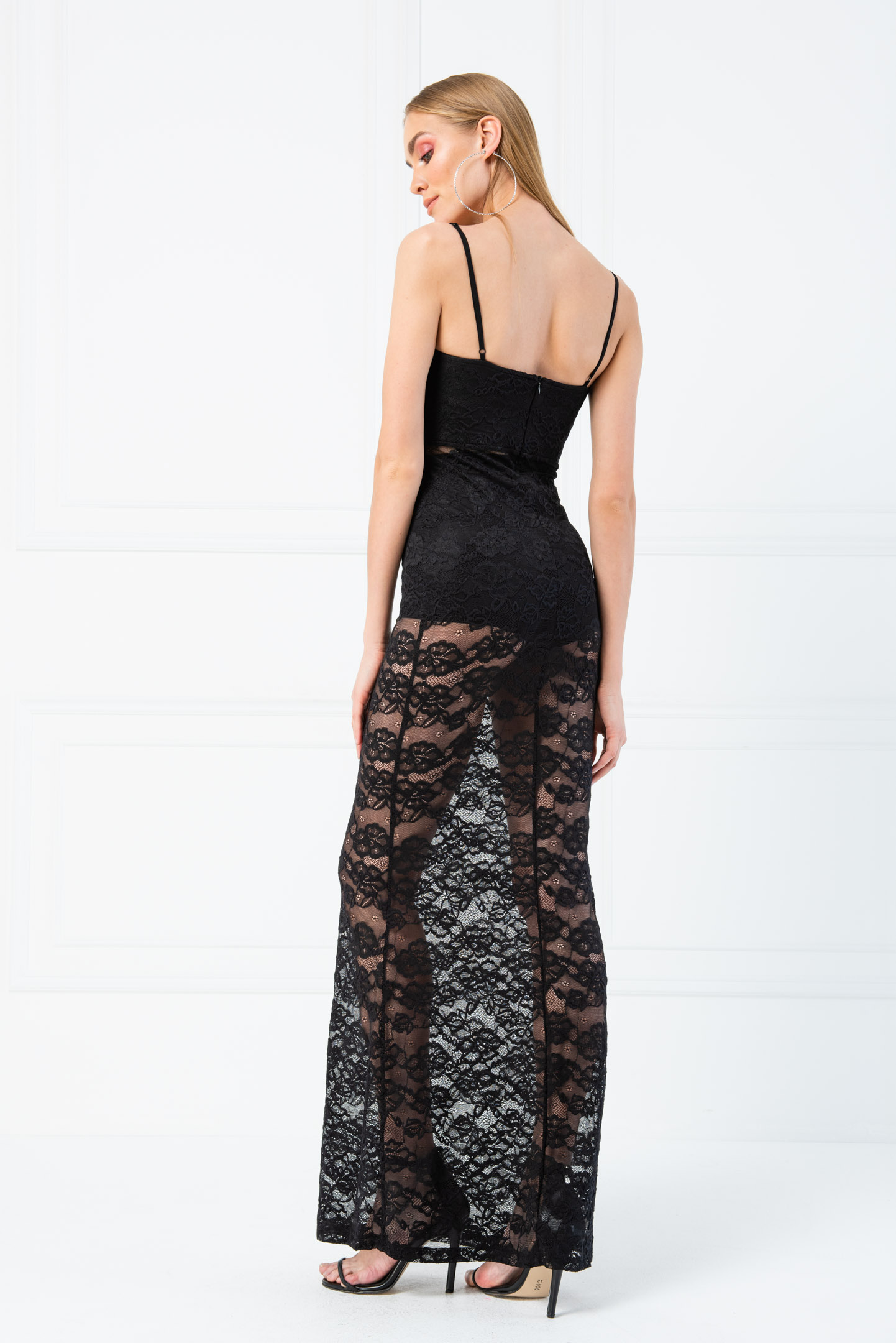 Wholesale Sheer Black Lace Cami Maxi Dress