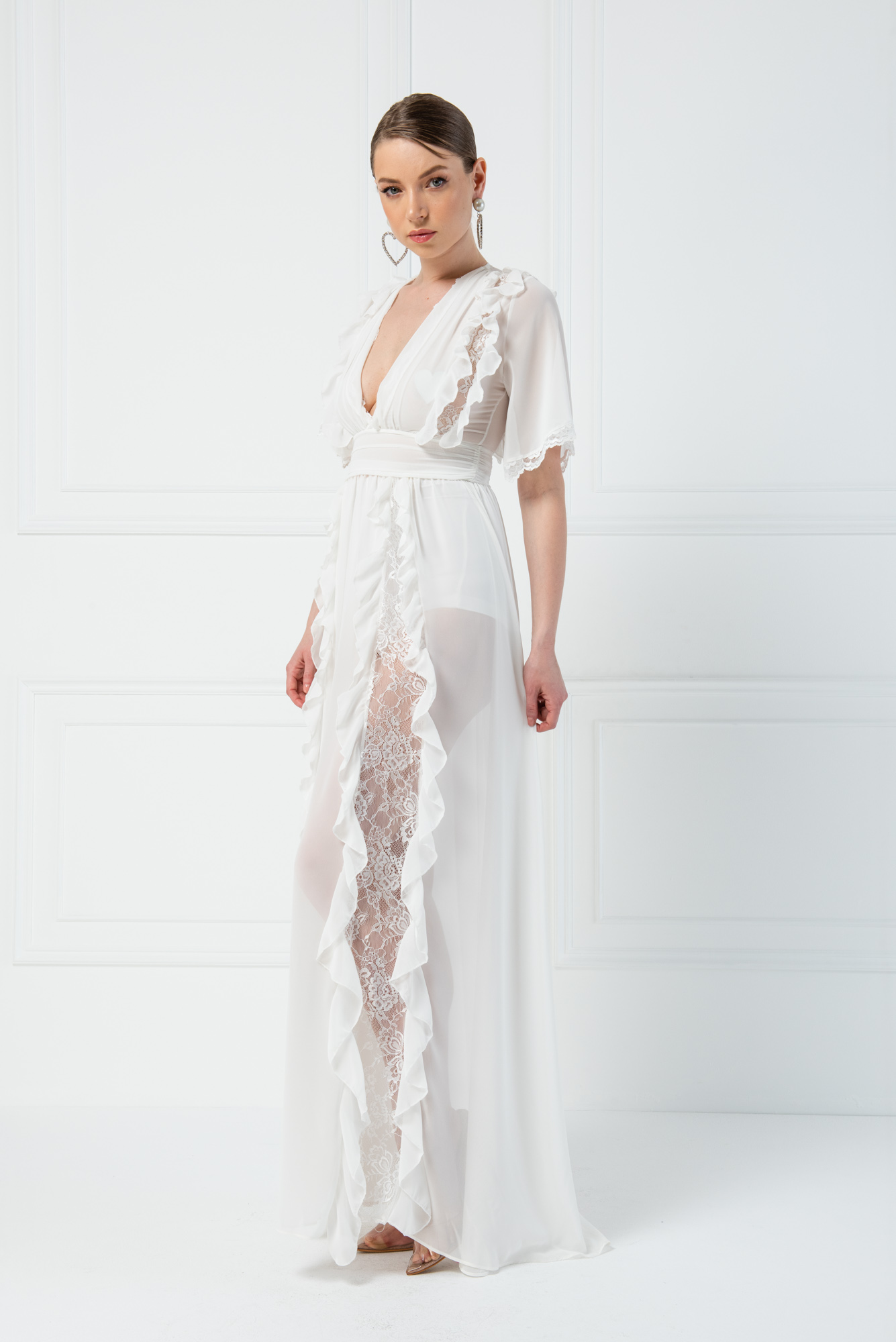 V Neck chiffon Offwhite Dress