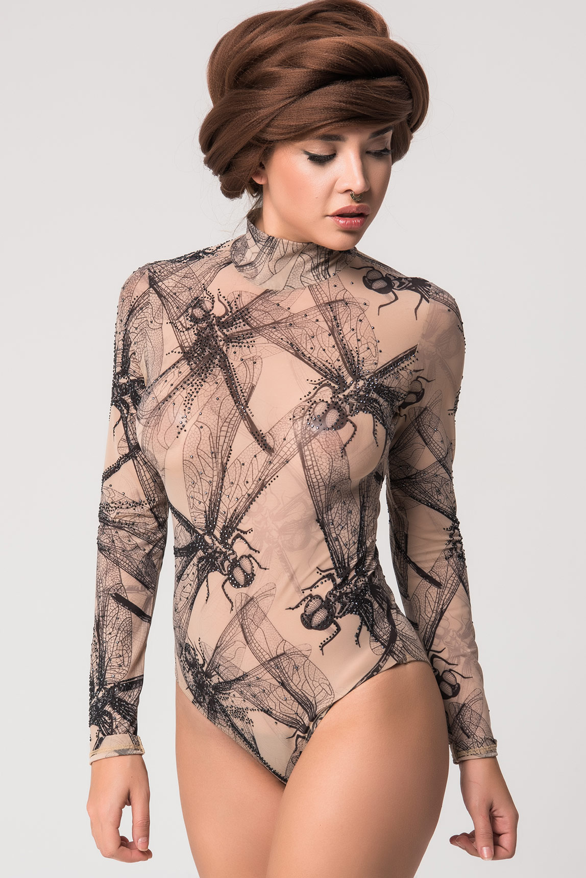 Ten Dragonfly Print Mesh Bodysuit