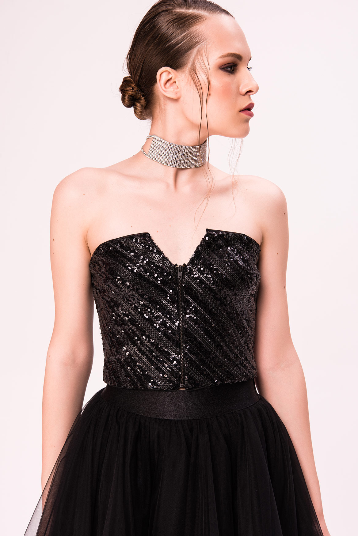 V-Wire Sequin Tube Top in Black