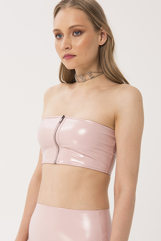 Vinyl Zipped Bandeau Pink Bustier Top