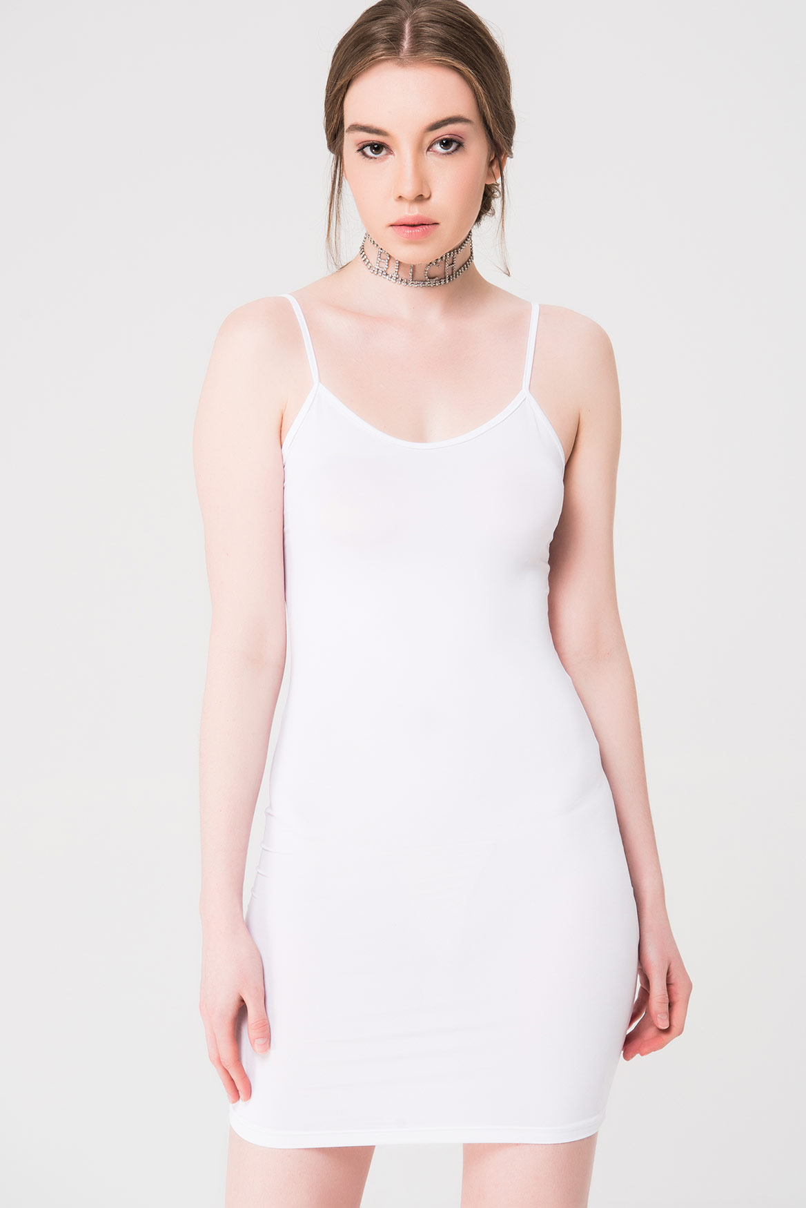 Toptan Askılı Dar Kesim Mini Beyaz Elbise