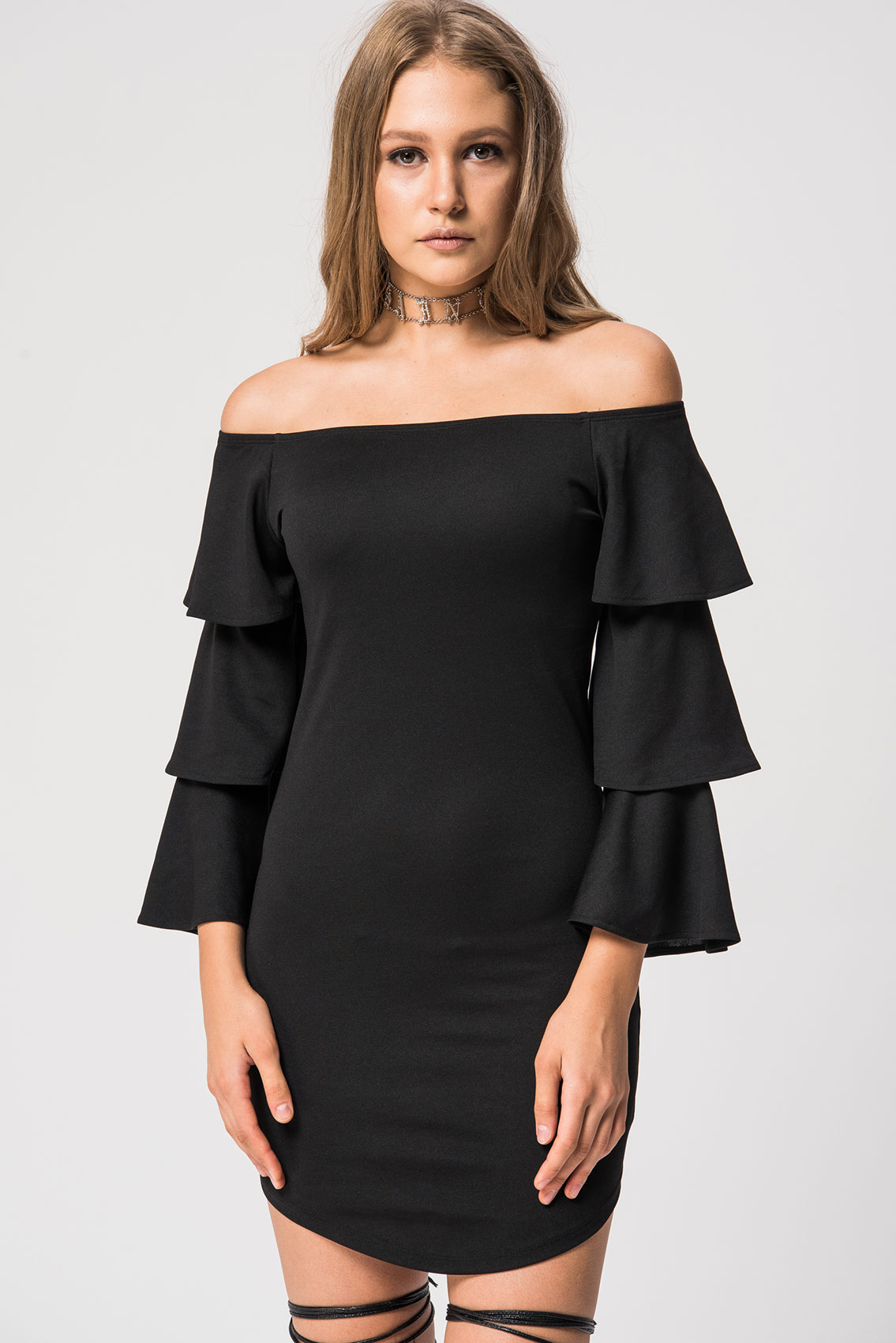 Off The Shoulder Ruffle Sleeve Black Dress