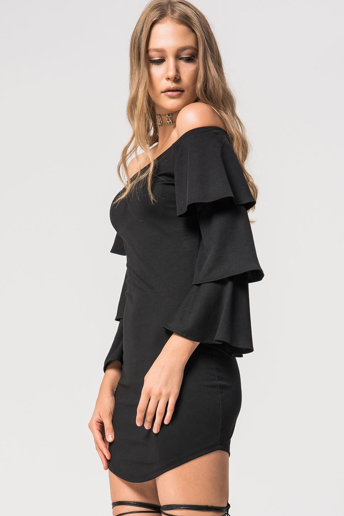 Off The Shoulder Ruffle Sleeve Black Dress