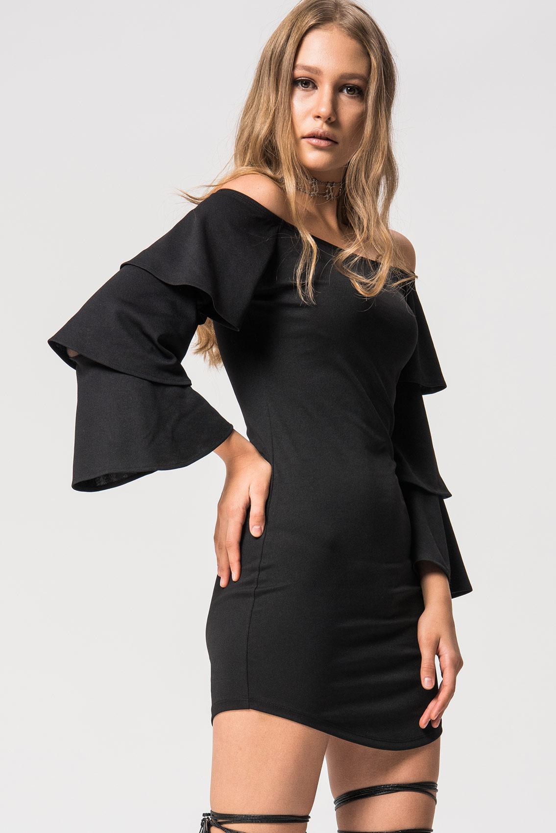 Off The Shoulder Ruffle Sleeve Black Dress