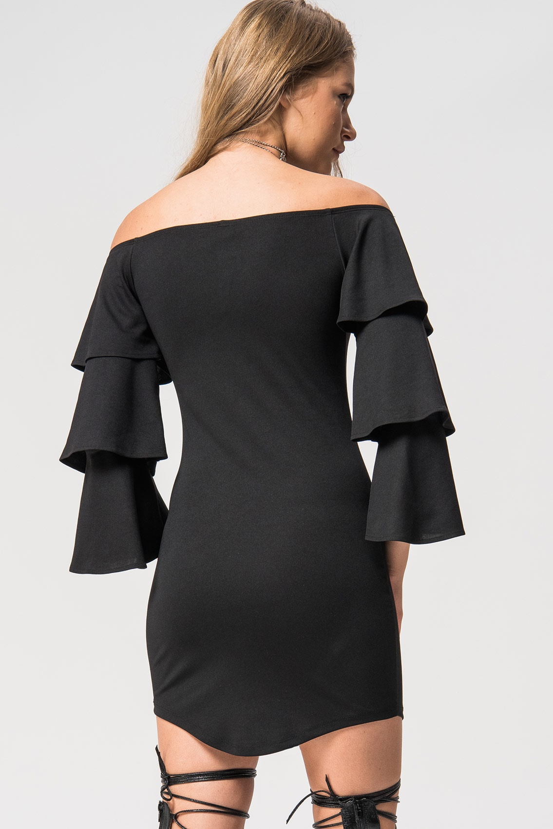 Off The Shoulder Ruffle Sleeve Black Dress