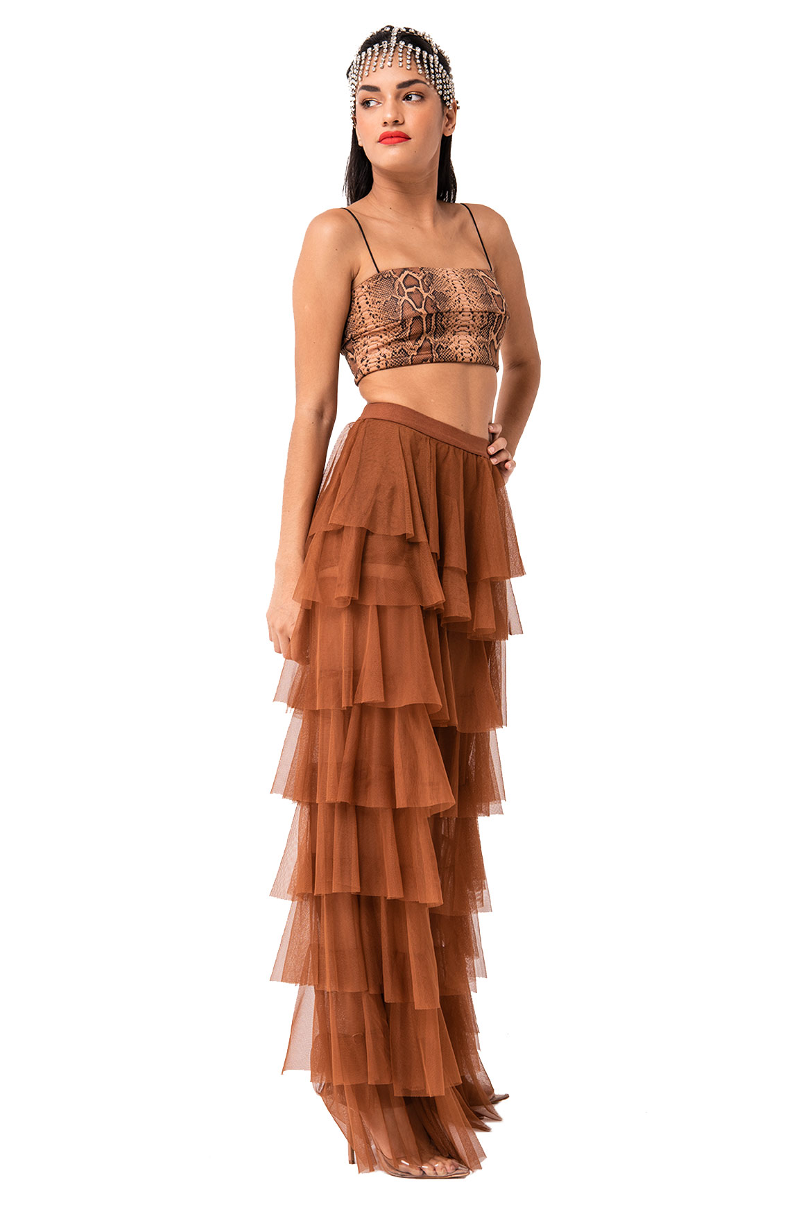Wholesale Tiered Tulle Pants in Taba