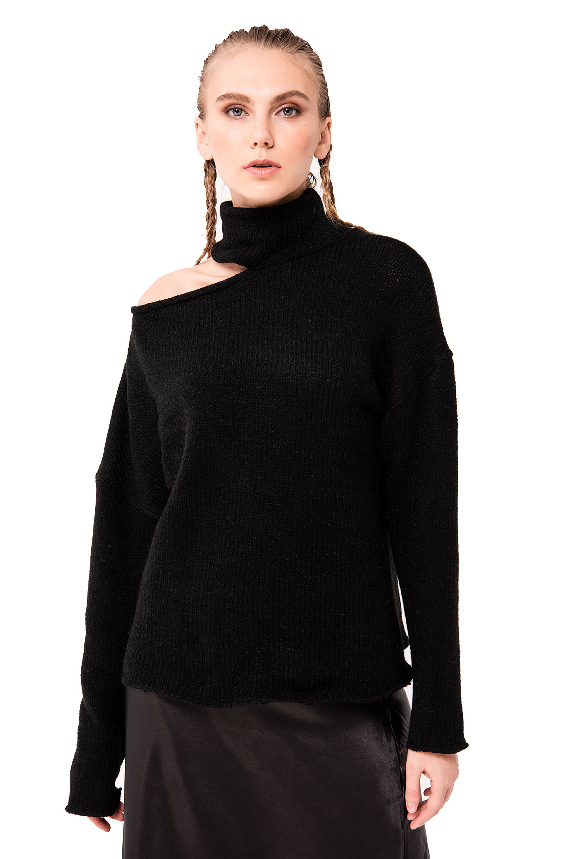 Cut Out Shoulder Knit Black Sweater