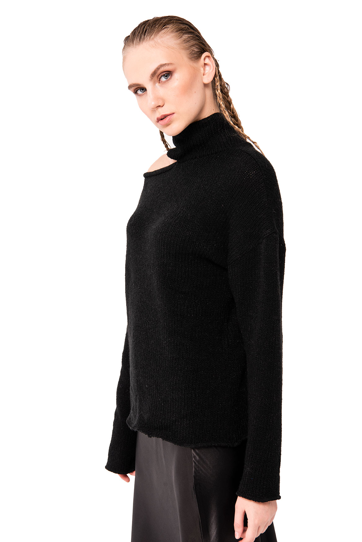 Cut Out Shoulder Knit Black Sweater