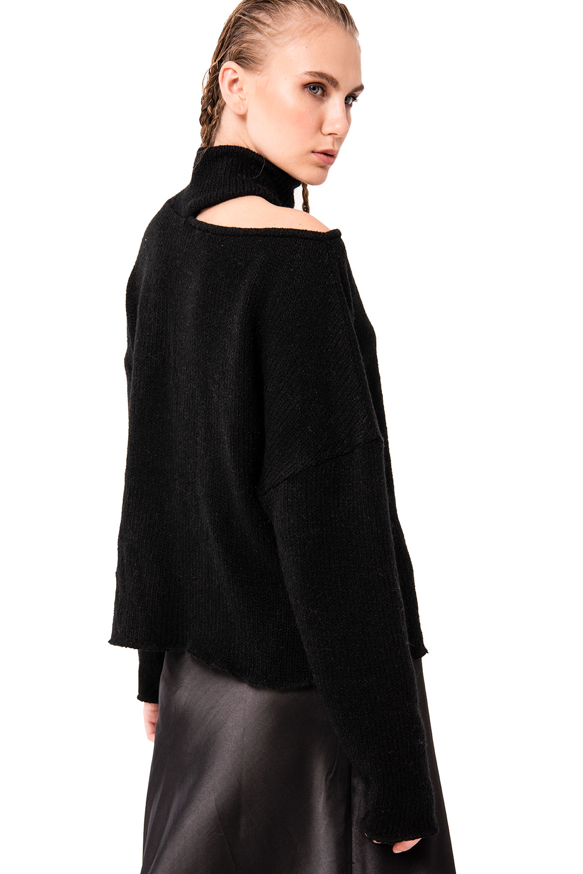 Cut Out Shoulder Knit Black Sweater