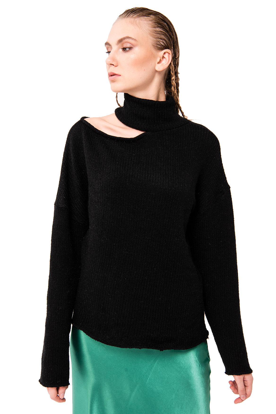 Cut Out Shoulder Knit Black Sweater