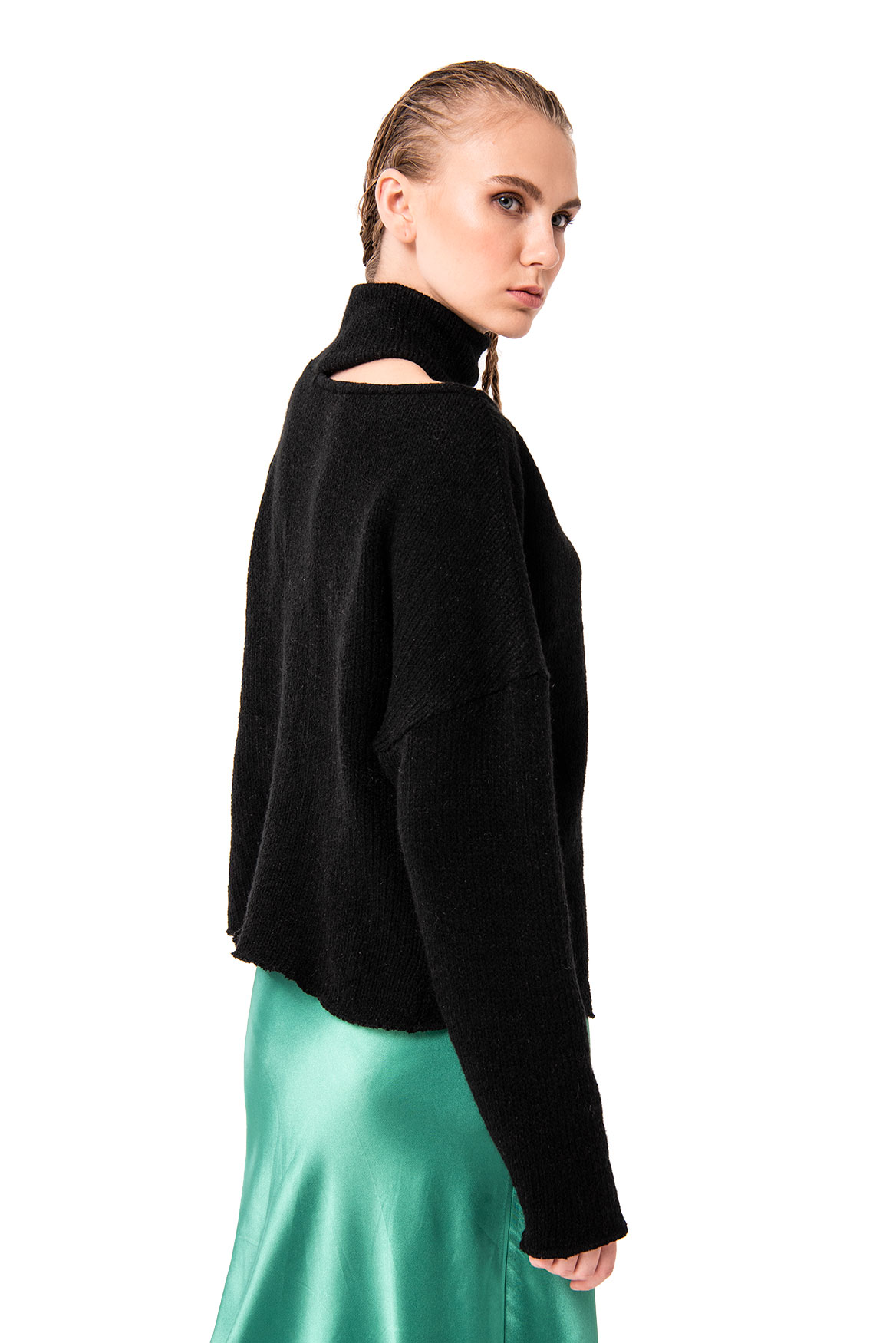 Cut Out Shoulder Knit Black Sweater