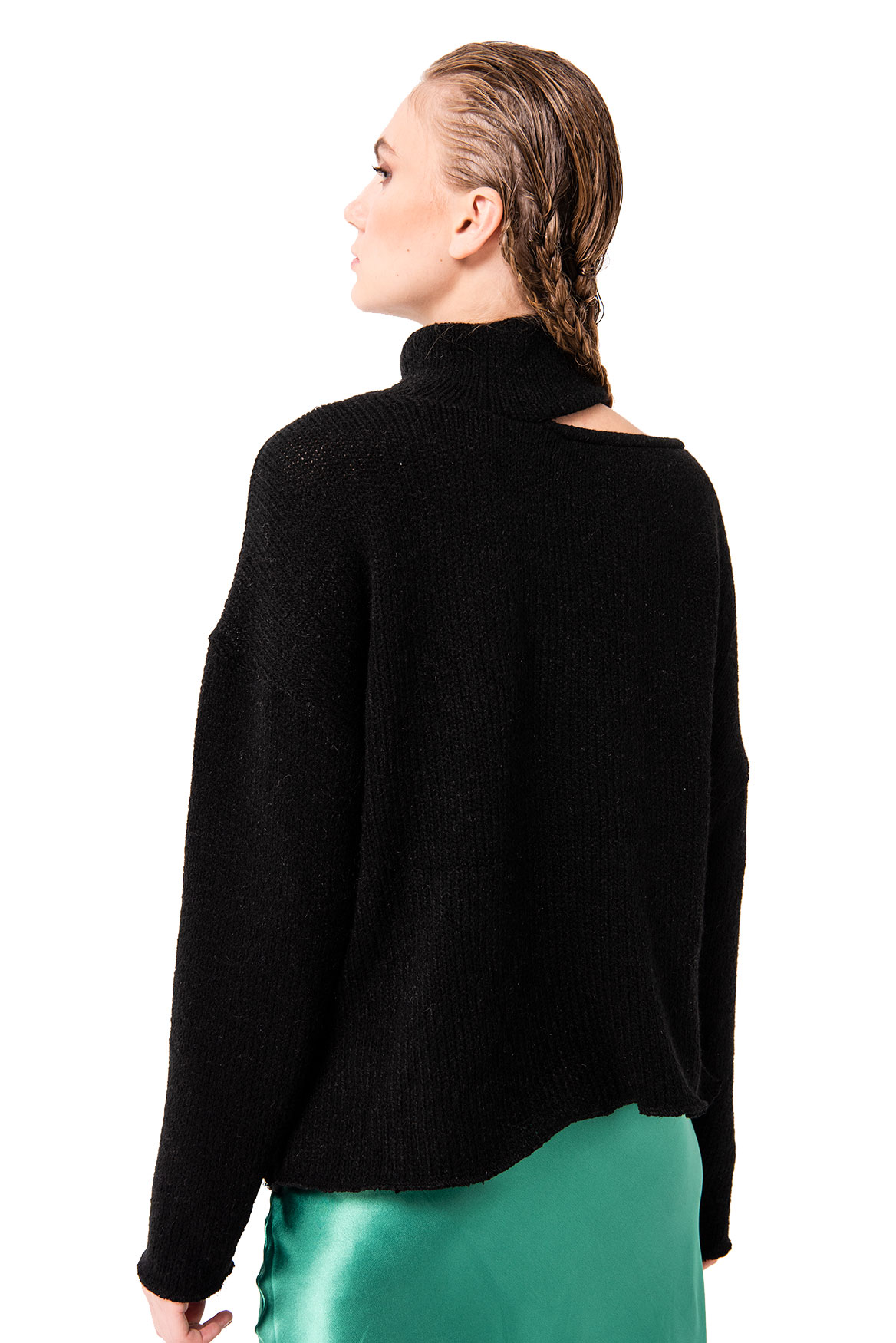 Cut Out Shoulder Knit Black Sweater