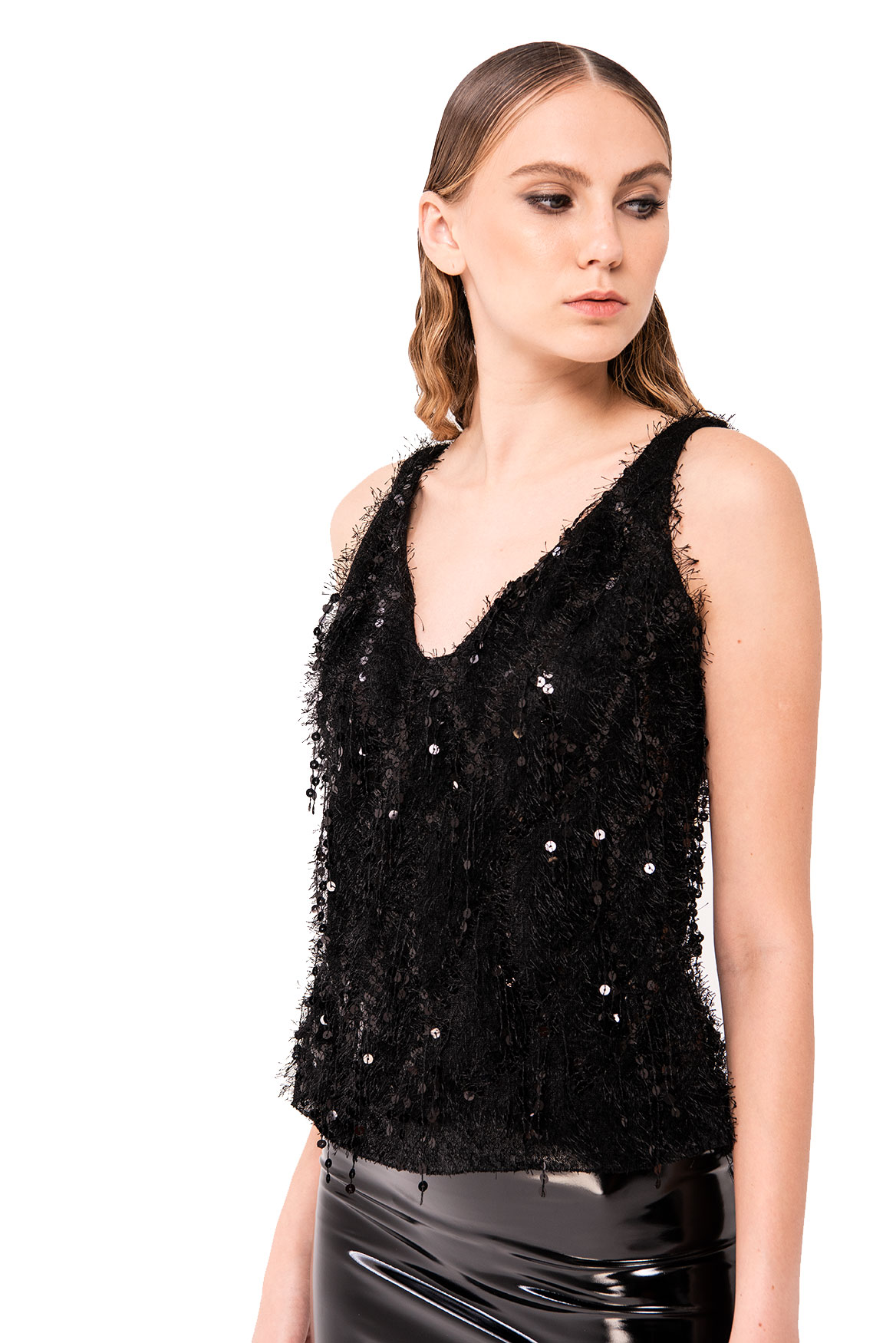 Strappy Sequin Fringe Black Top