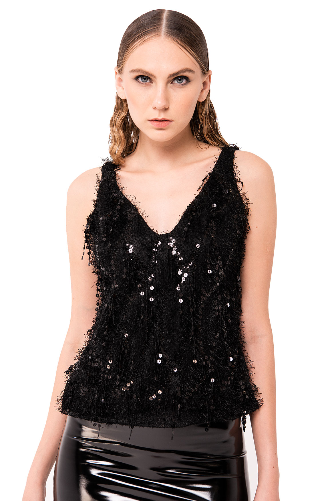 Strappy Sequin Fringe Black Top