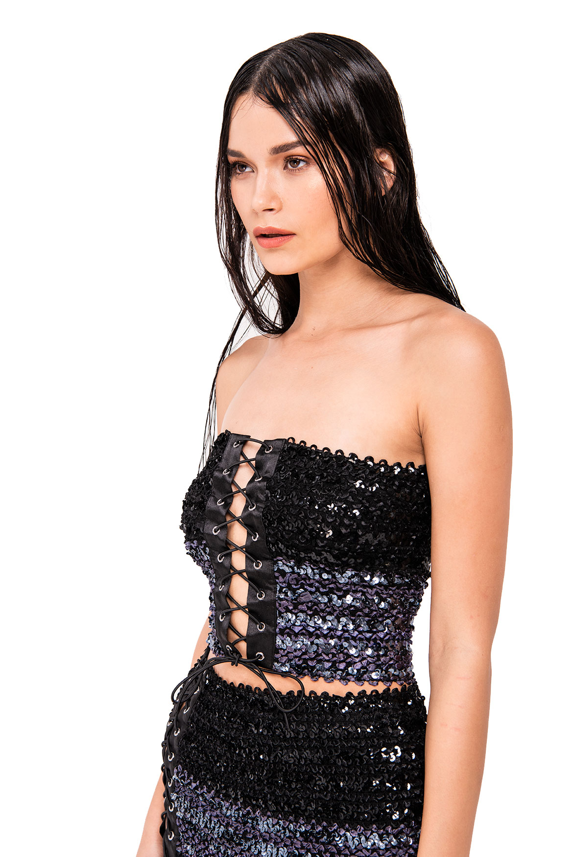 Lace-Up  Black Sequin Tube Top