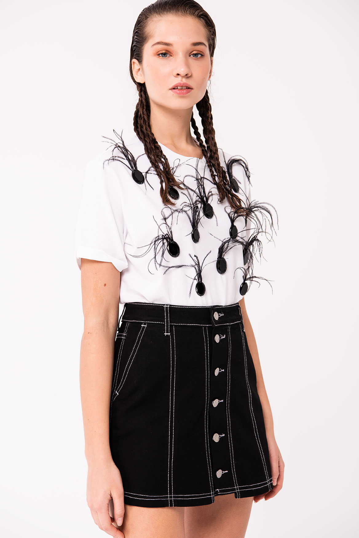 Contrast Stitch Black Denim Mini Skirt