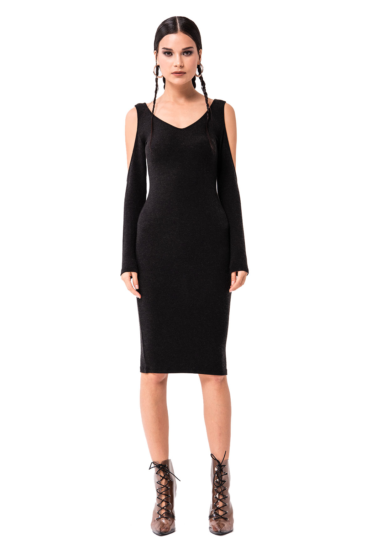 Cold Shoulder Bodycon Midi Dress in Black