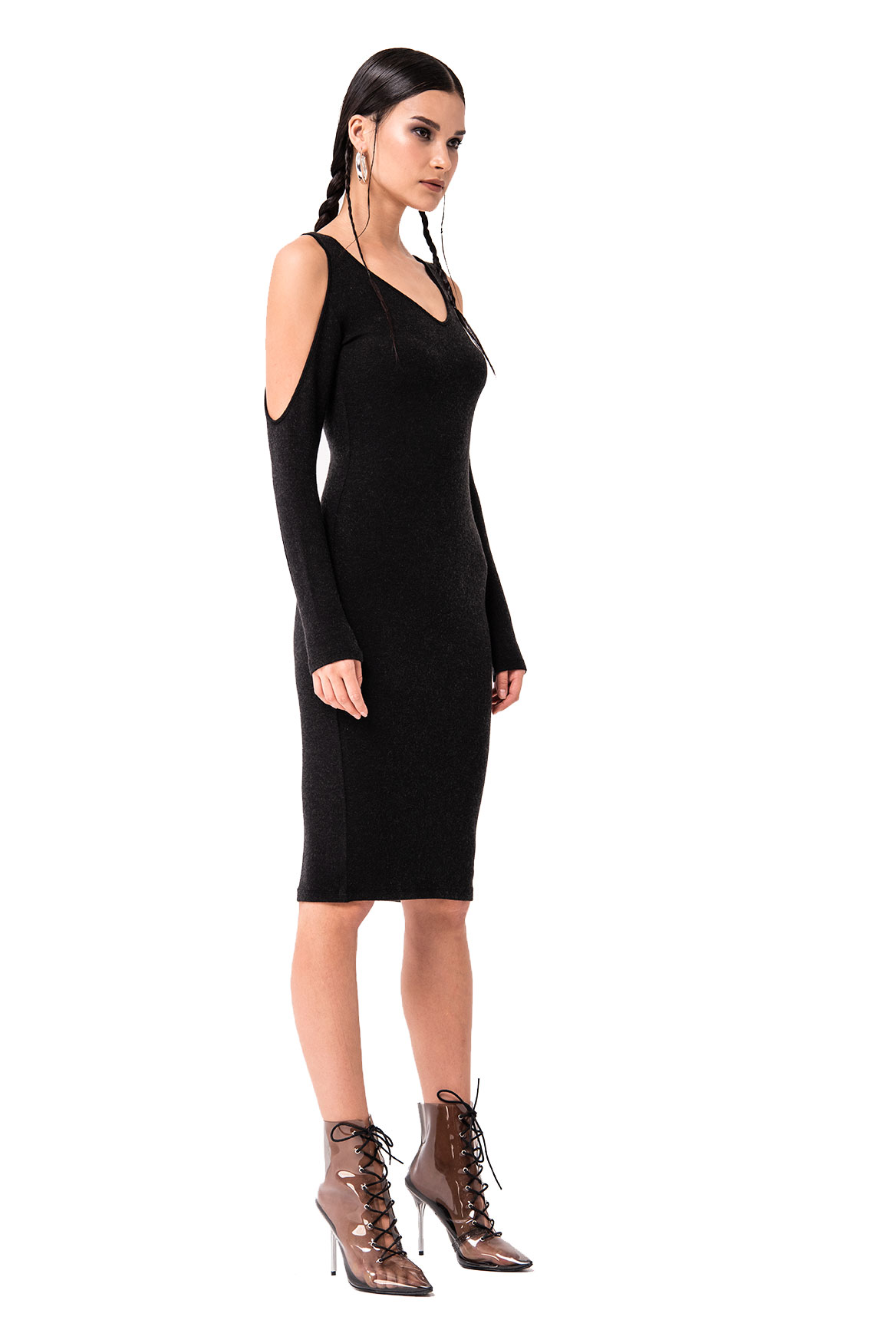 Cold Shoulder Bodycon Midi Dress in Black