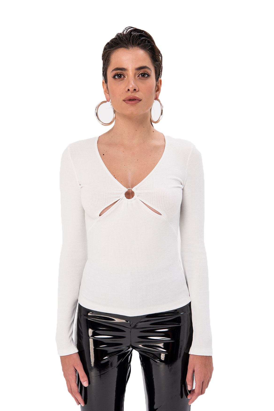 Ring Detail Ribbed Offwhite Top