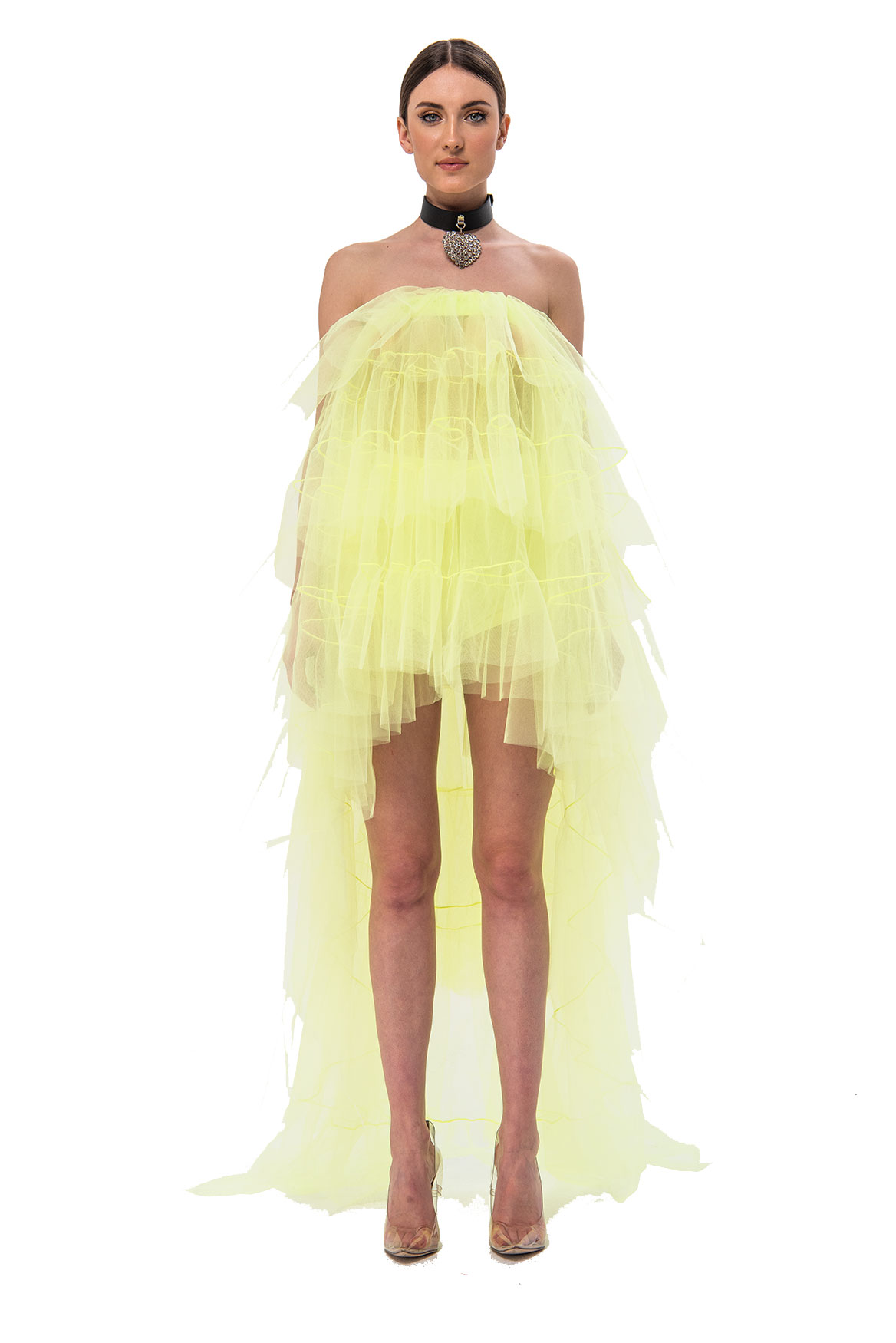Из Тюля без бретелек Neon Yellow прозрачное мини-платье