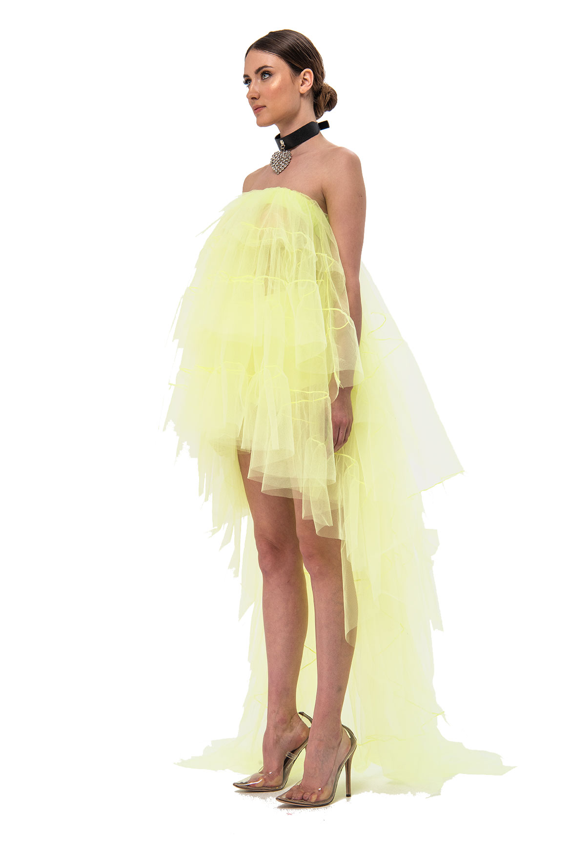 оптовая Из Тюля без бретелек Neon Yellow прозрачное мини-платье