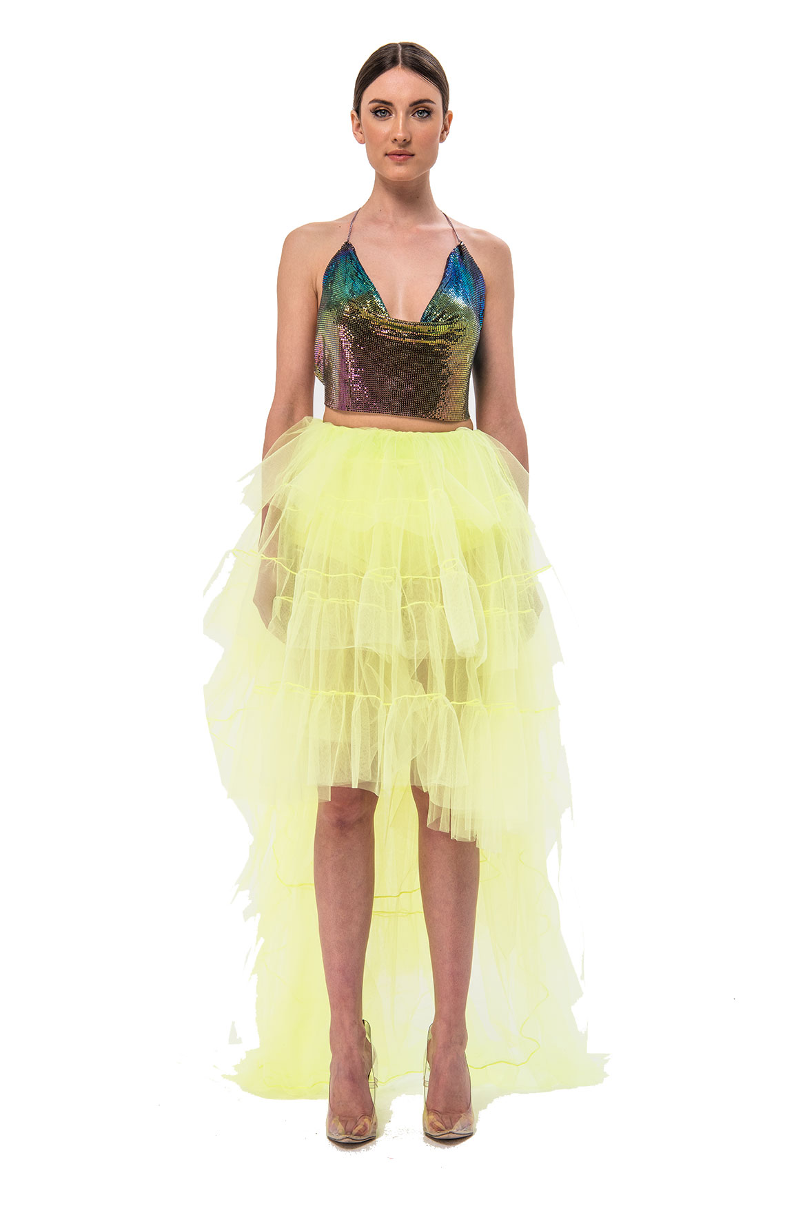 Wholesale Tulle Detail Strapless Neon Yellow Sheer Mini Dress