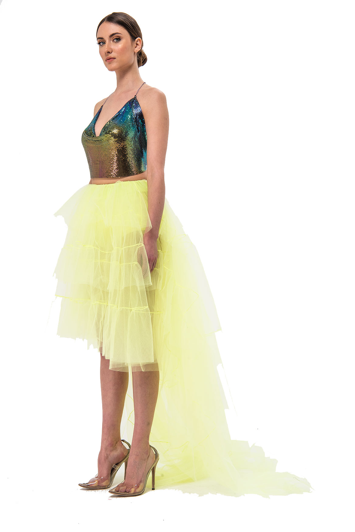 Tulle Detail Strapless Neon Yellow Sheer Mini Dress