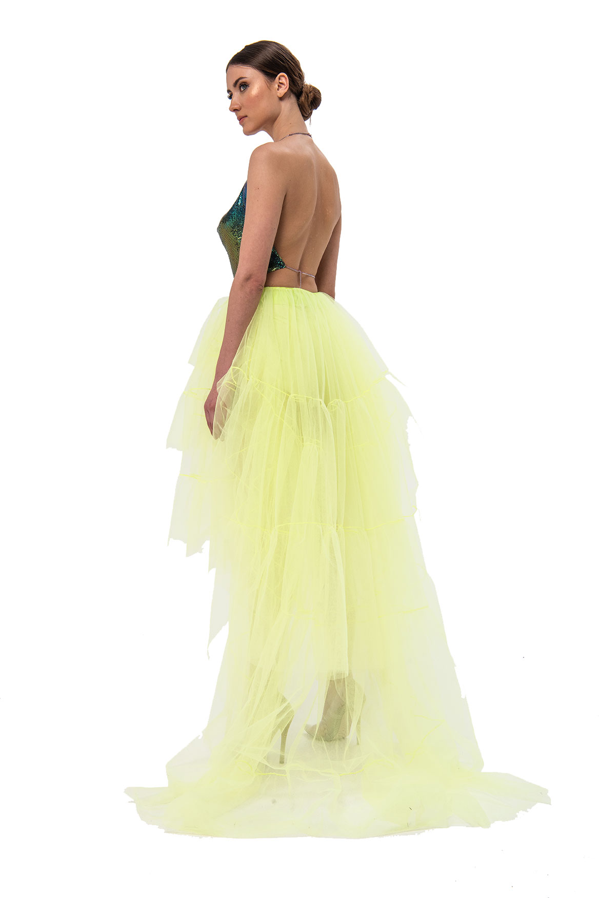 Tulle Detail Strapless Neon Yellow Sheer Mini Dress