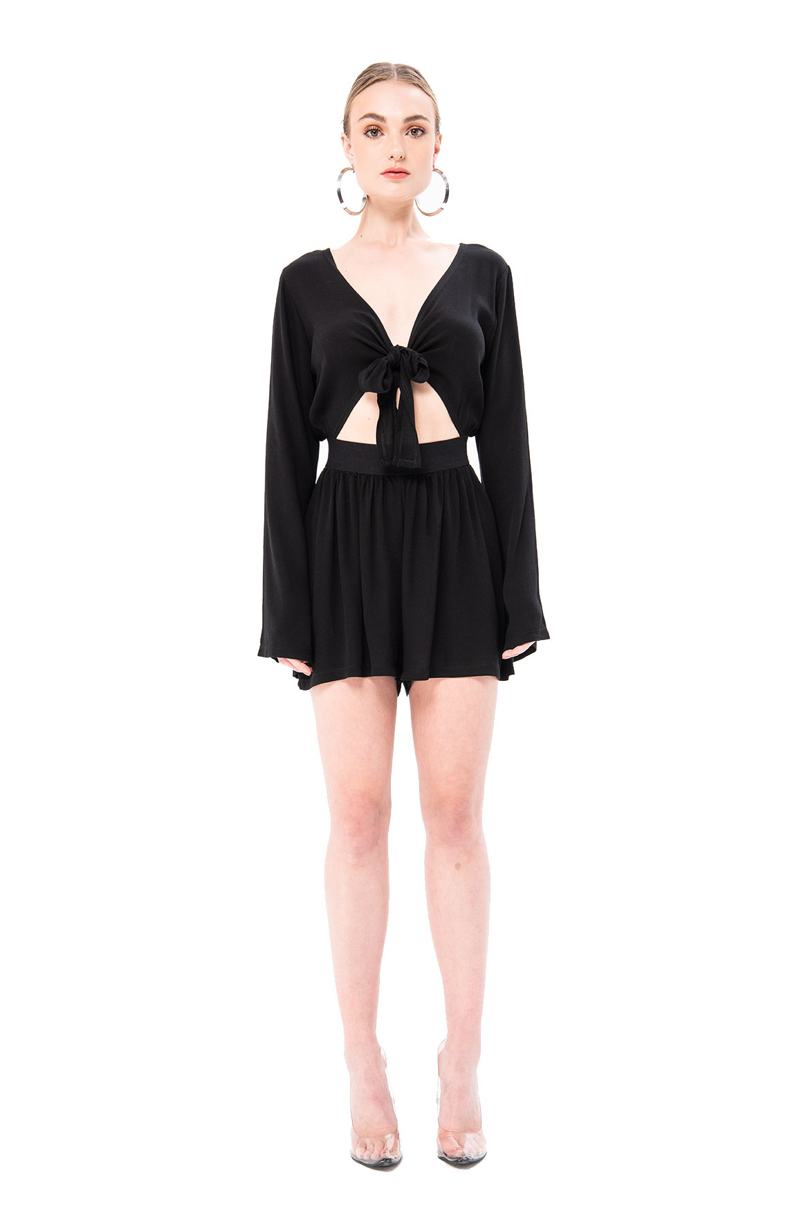 Pleated Skirt looking Shorts Black Jumpsuit