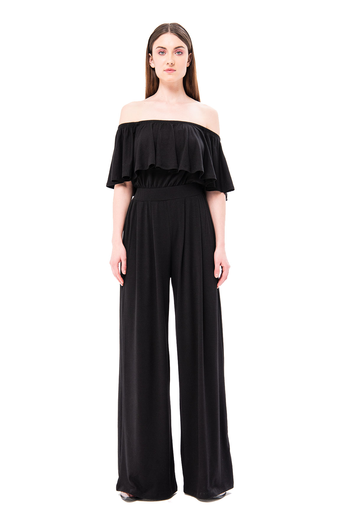 Black Flounce Off Shoulder Jumpsuit