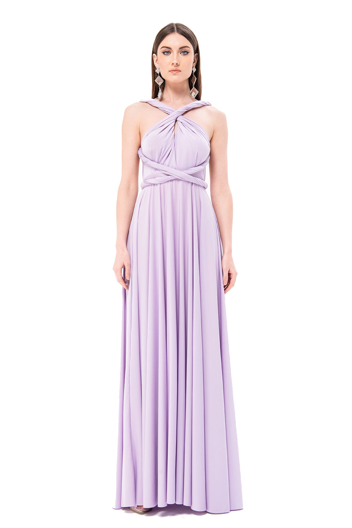 V Neck Sleeveless Lilac Pleated Long Dress