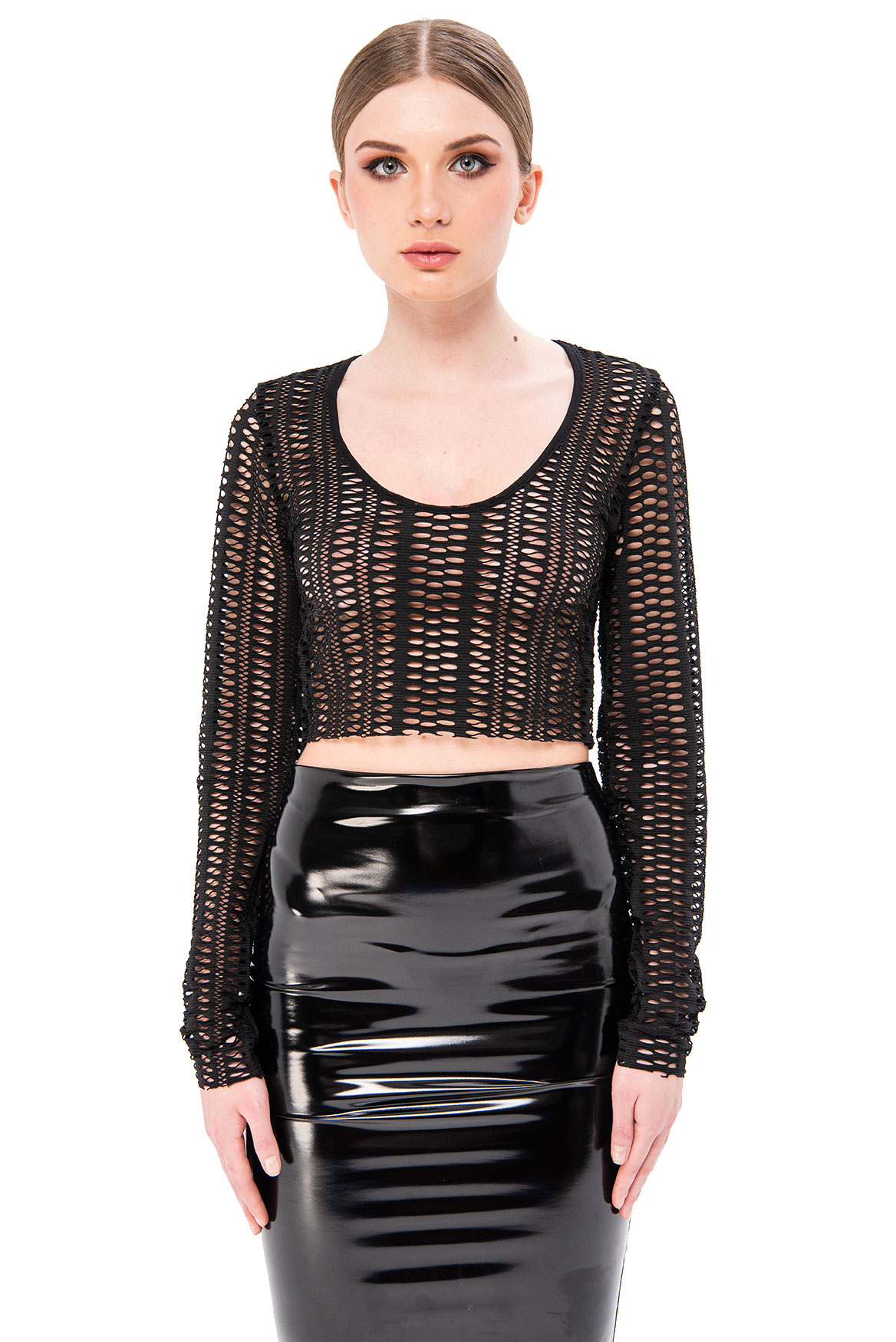 Sheer Black Netted Long Sleeve Crop Top