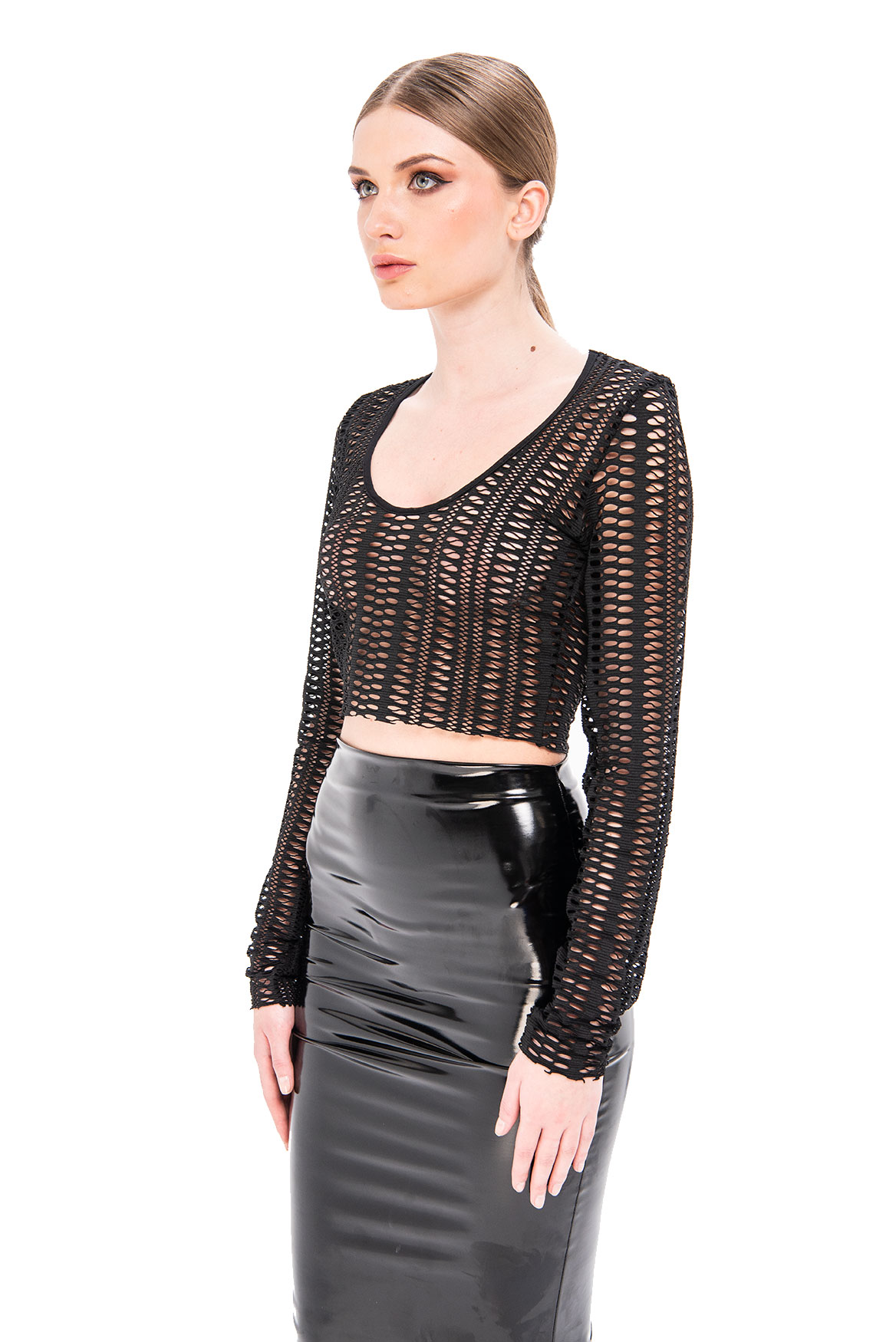 Sheer Black Netted Long Sleeve Crop Top